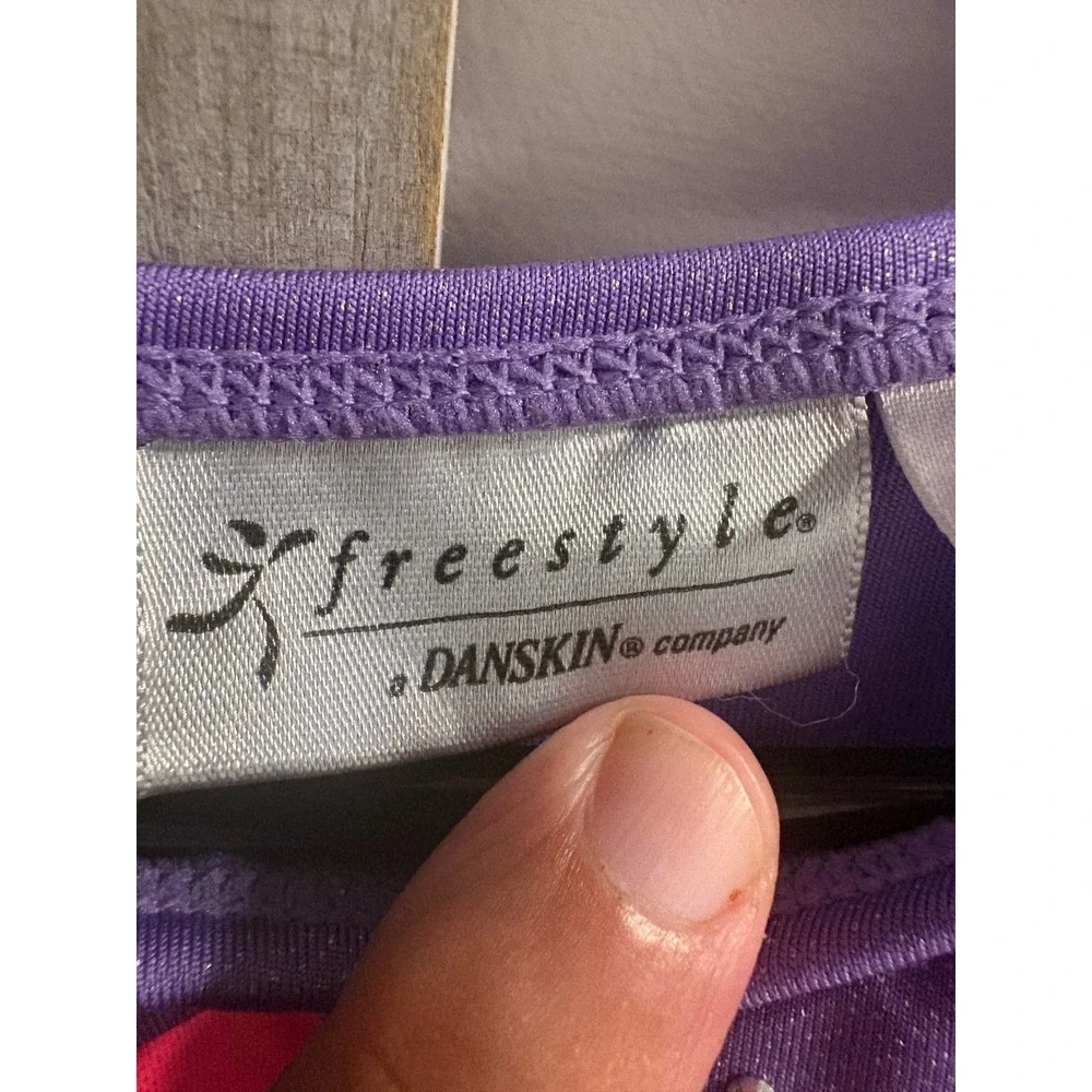 Freestyle Danskin Girls Gymnastics Leotard Pink Purple Abstract Rhinestone 10/12